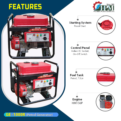 1 KVA Recoil Start Portable Petrol Generator with lpg - GE-1000R Fuel Efficient